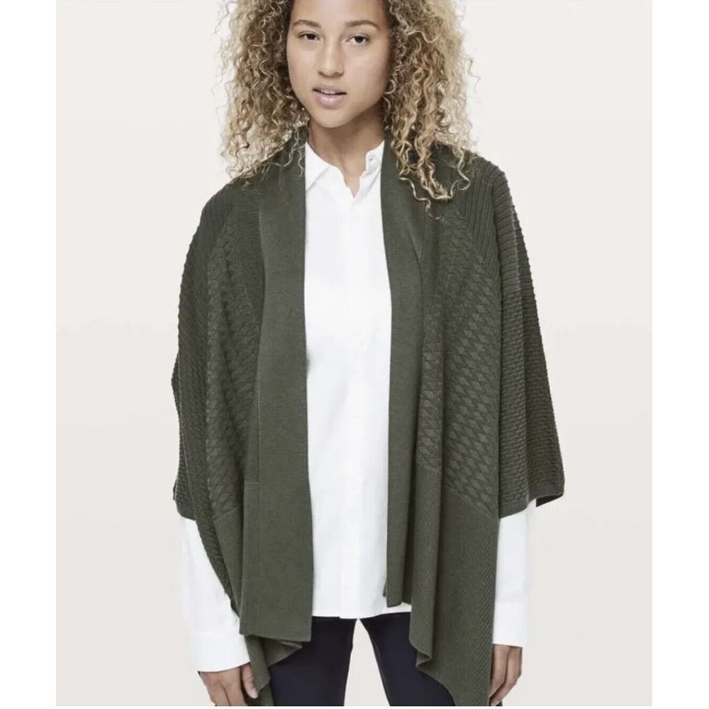Lululemon Dream Weaver Wrap Cardigan Shawl Olive Green Textured Knit Open Front‎